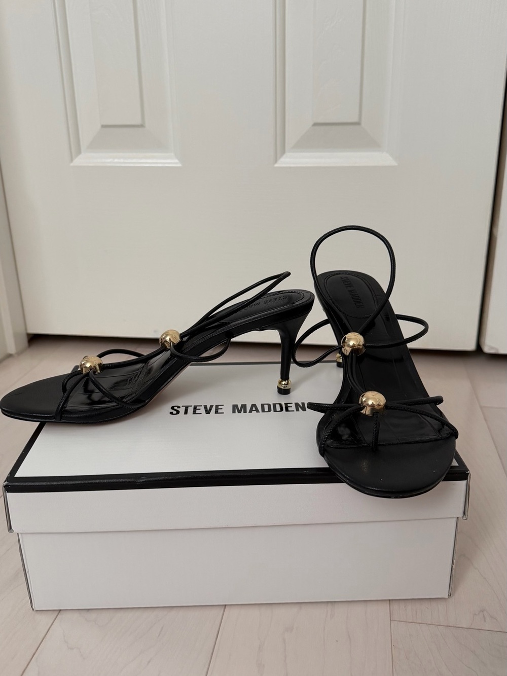 Steve Madden Black Strappy Heeled Sandals with Gold Accents